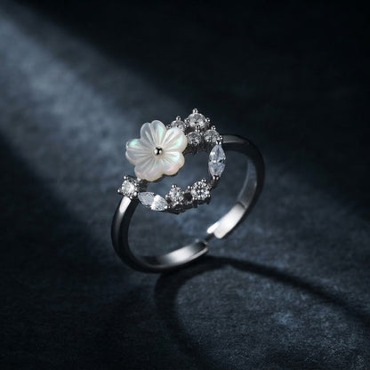 Silver Floral Halo Pavé Diamond Blossom Adjustable Ring - View 6