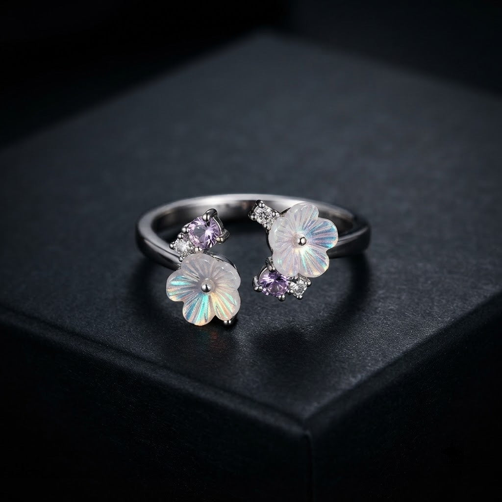 Silver Double Sakura Flower Carved MOP Bypass Adjustable Ring - View 6