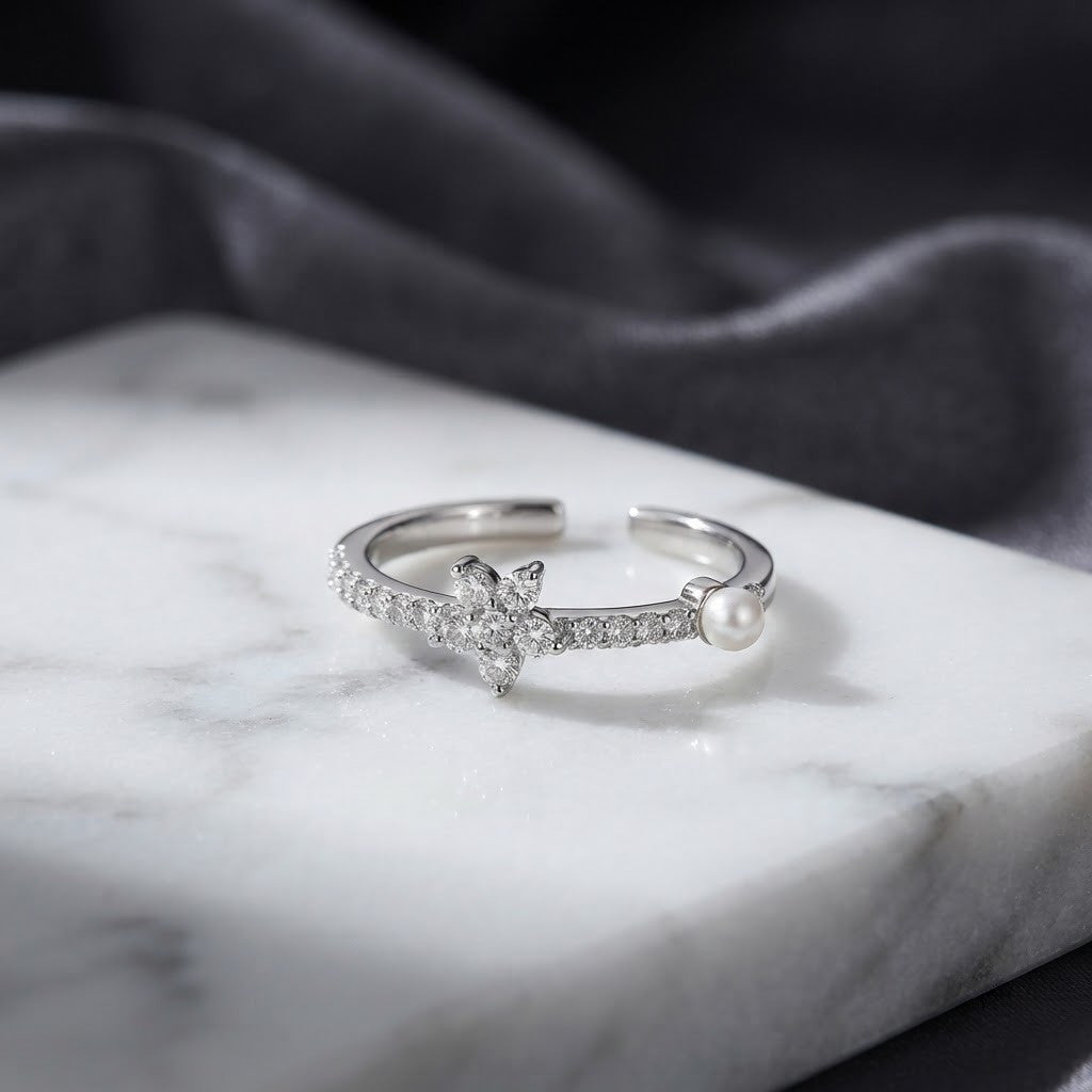 Silver Celestial Star & Luminous Pearl Vine Adjustable Ring - View 1
