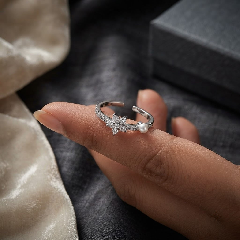 Silver Celestial Star & Luminous Pearl Vine Adjustable Ring - View 2
