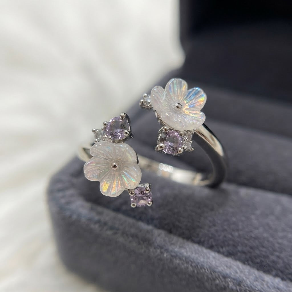 Silver Double Sakura Flower Carved MOP Bypass Adjustable Ring - View 4