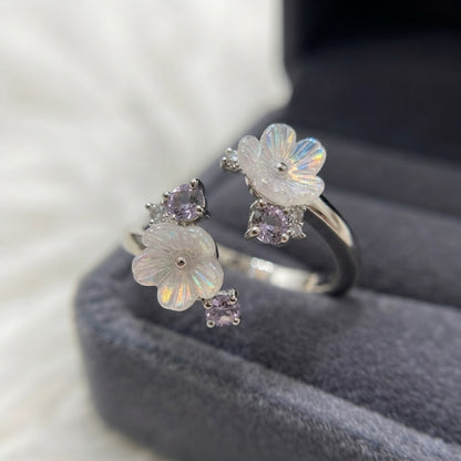 Silver Double Sakura Flower Carved MOP Bypass Adjustable Ring - View 4