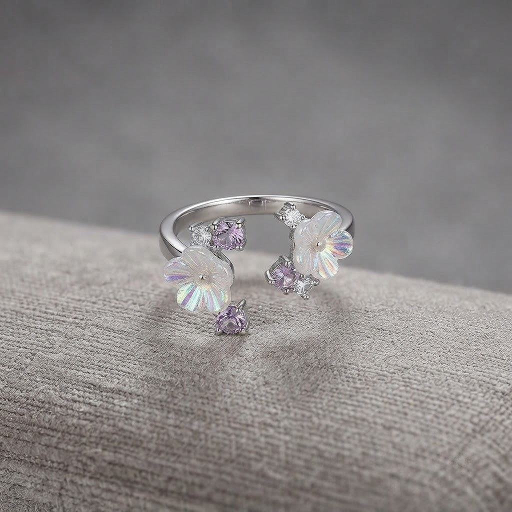 Silver Double Sakura Flower Carved MOP Bypass Adjustable Ring - View 8