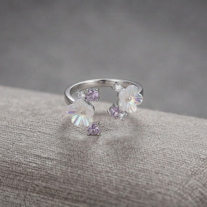 Silver Double Sakura Flower Carved MOP Bypass Adjustable Ring - View 8