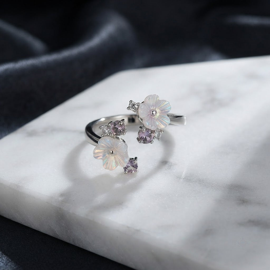 Silver Double Sakura Flower Carved MOP Bypass Adjustable Ring - View 1