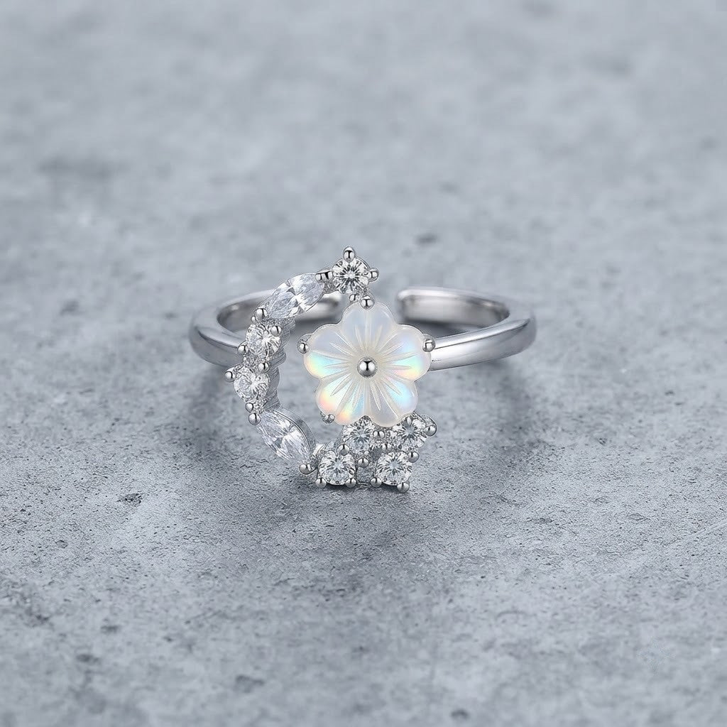 Silver Floral Halo Pavé Diamond Blossom Adjustable Ring - View 8