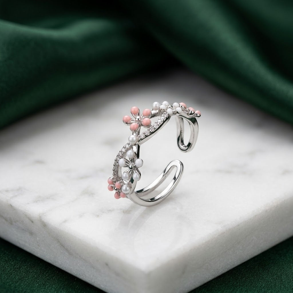 Silver Sakura Blossom Pink Crystal Vine Adjustable Ring - View 1