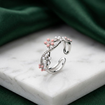 Silver Sakura Blossom Pink Crystal Vine Adjustable Ring - View 1