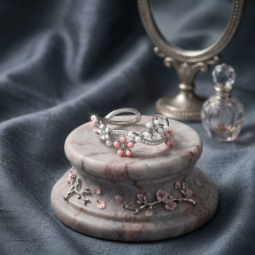 Silver Sakura Blossom Pink Crystal Vine Adjustable Ring - View 2