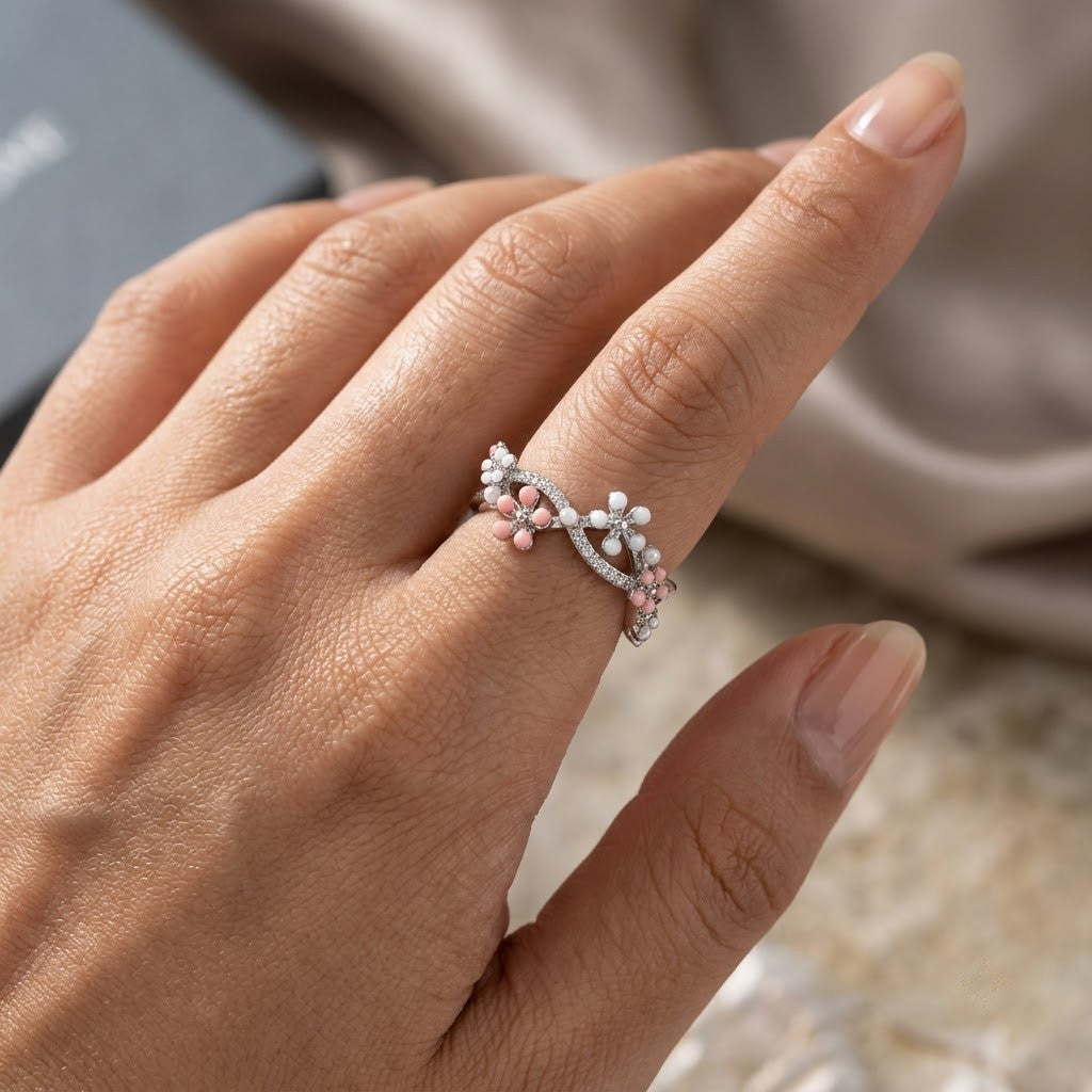 Silver Sakura Blossom Pink Crystal Vine Adjustable Ring - View 5