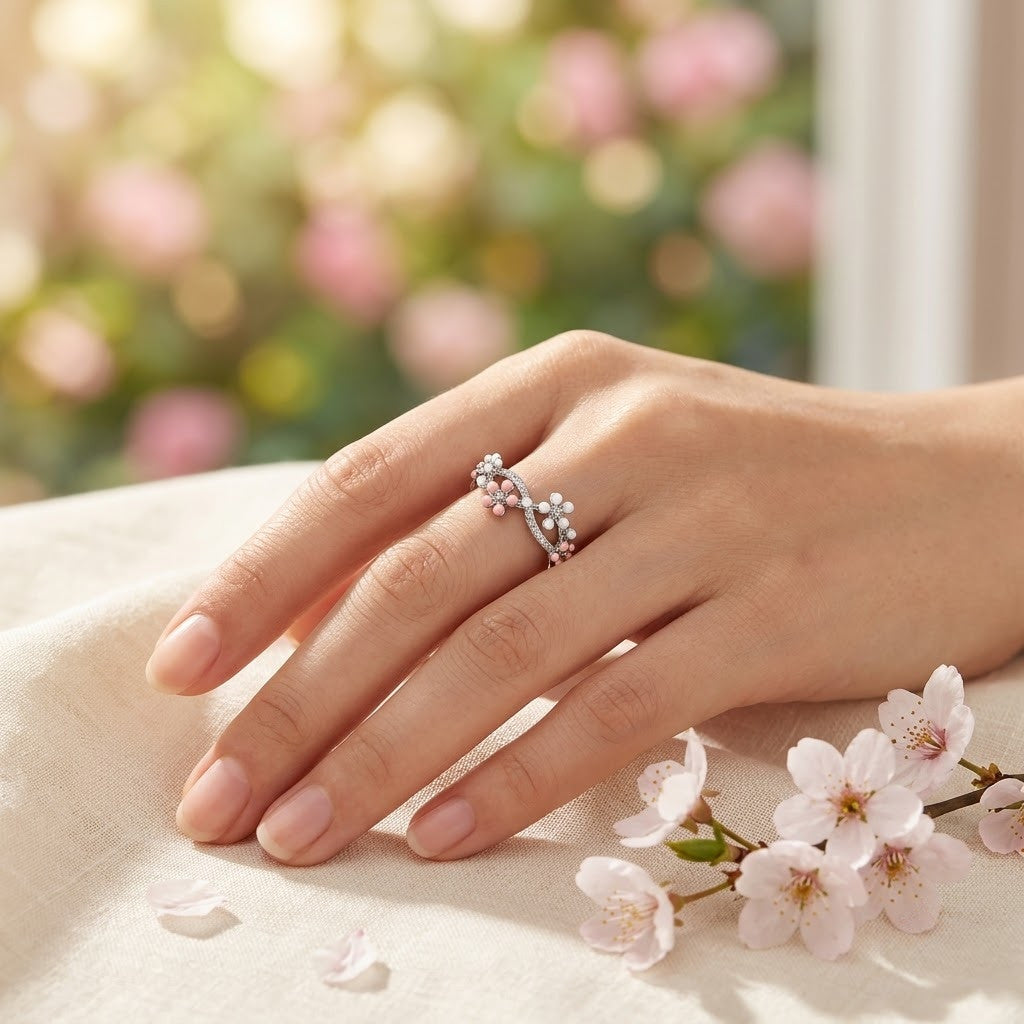 Silver Sakura Blossom Pink Crystal Vine Adjustable Ring - View 3