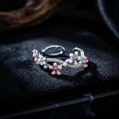 Silver Sakura Blossom Pink Crystal Vine Adjustable Ring - View 6