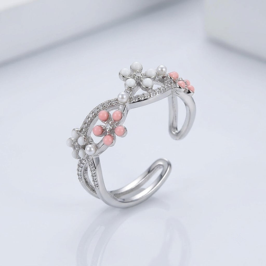 Silver Sakura Blossom Pink Crystal Vine Adjustable Ring - View 7