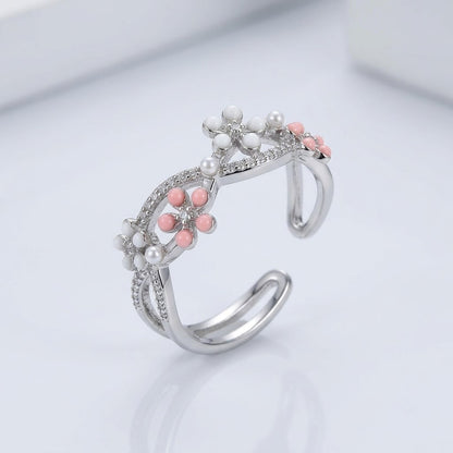 Silver Sakura Blossom Pink Crystal Vine Adjustable Ring - View 7