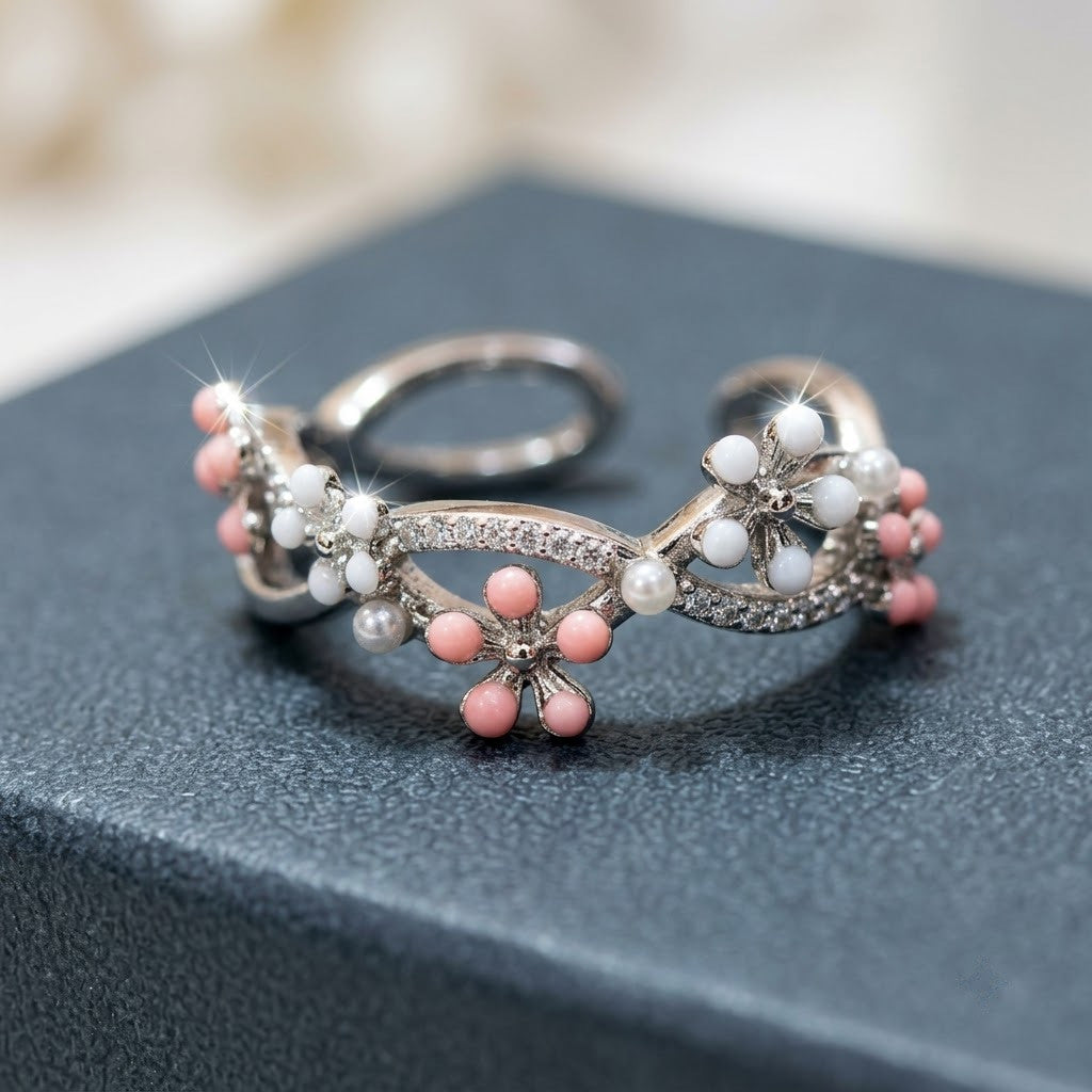 Silver Sakura Blossom Pink Crystal Vine Adjustable Ring - View 4