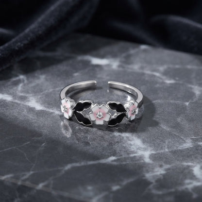 Silver Noir Black & Pink Clover Enamel Band Adjustable Ring - View 1