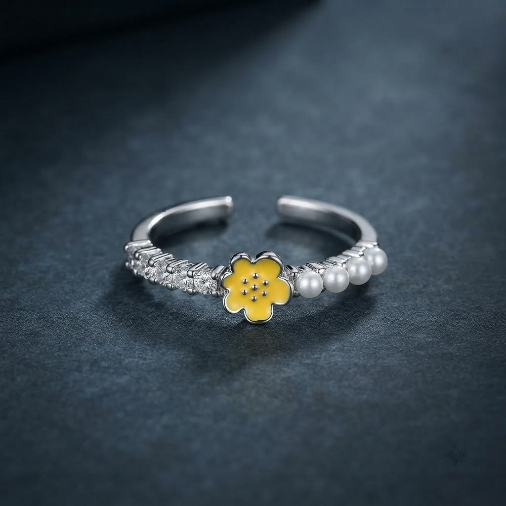 Silver Yellow Daisy Enamel & Crystal Half Band Adjustable Ring - View 6