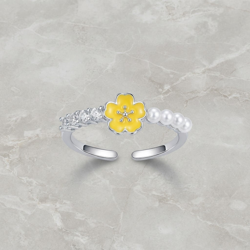 Silver Yellow Daisy Enamel & Crystal Half Band Adjustable Ring - View 8