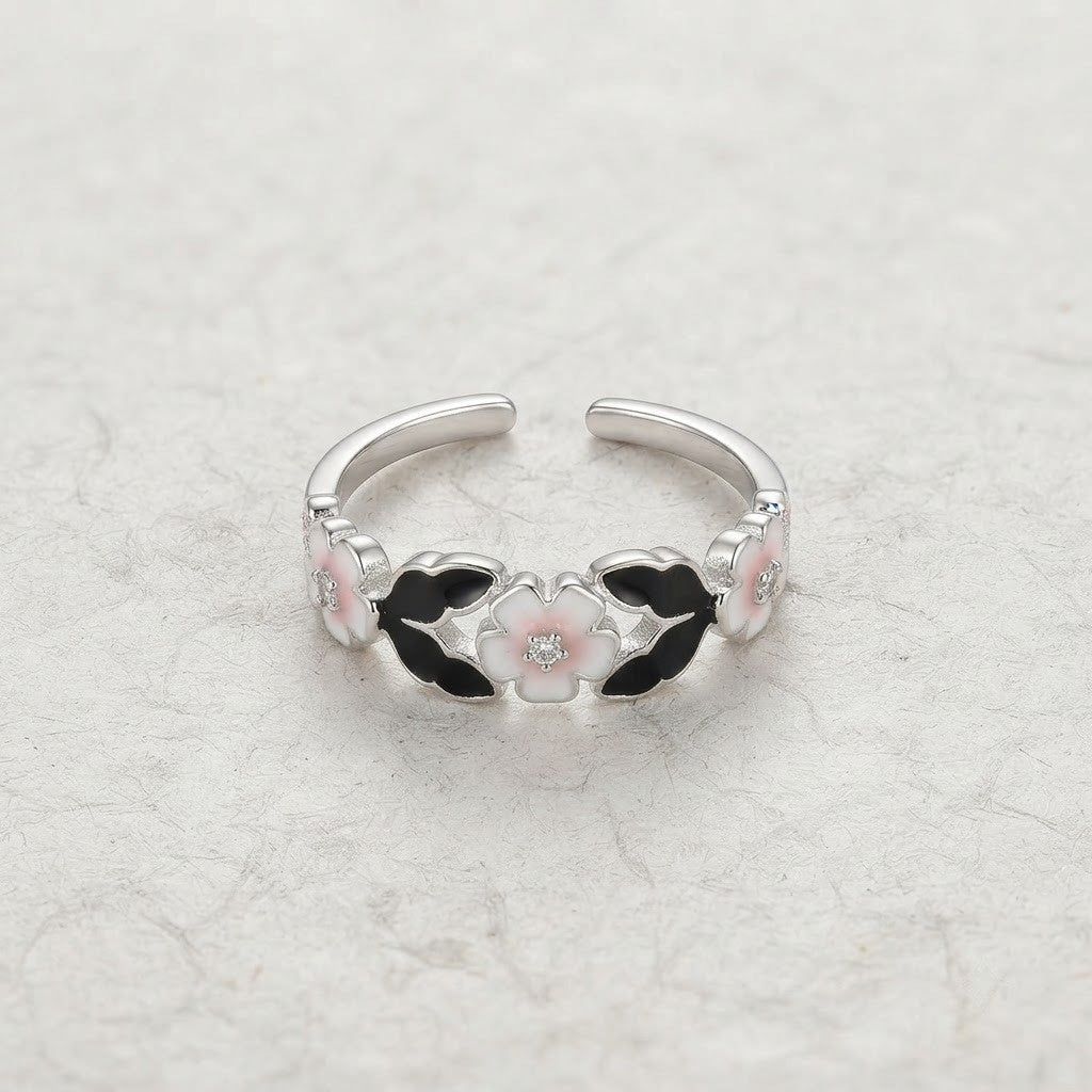 Silver Noir Black & Pink Clover Enamel Band Adjustable Ring - View 8