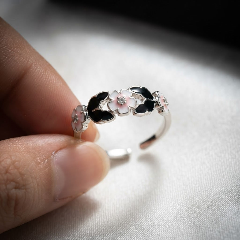 Silver Noir Black & Pink Clover Enamel Band Adjustable Ring - View 6