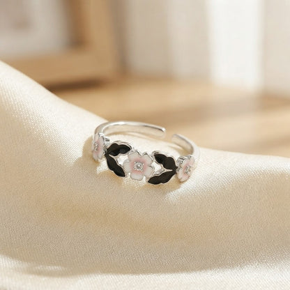 Silver Noir Black & Pink Clover Enamel Band Adjustable Ring - View 3