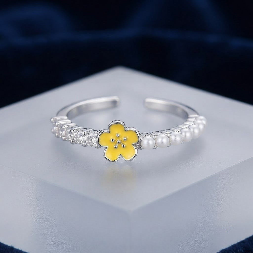 Silver Yellow Daisy Enamel & Crystal Half Band Adjustable Ring - View 4