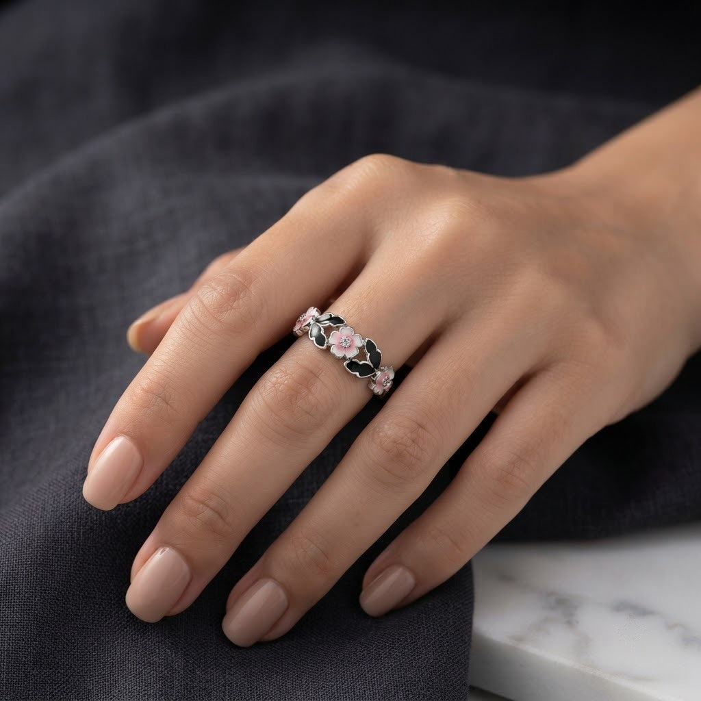 Silver Noir Black & Pink Clover Enamel Band Adjustable Ring - View 5