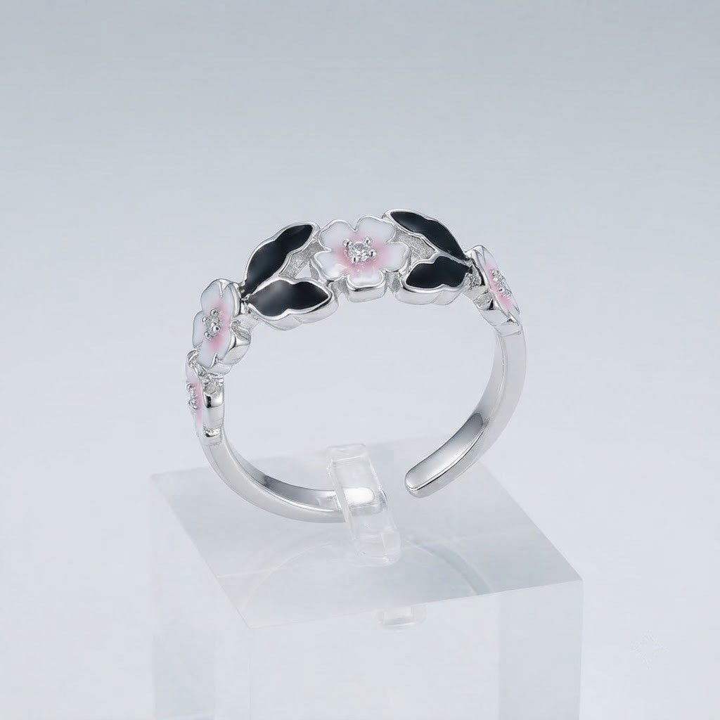 Silver Noir Black & Pink Clover Enamel Band Adjustable Ring - View 7