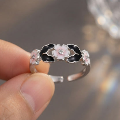 Silver Noir Black & Pink Clover Enamel Band Adjustable Ring - View 4
