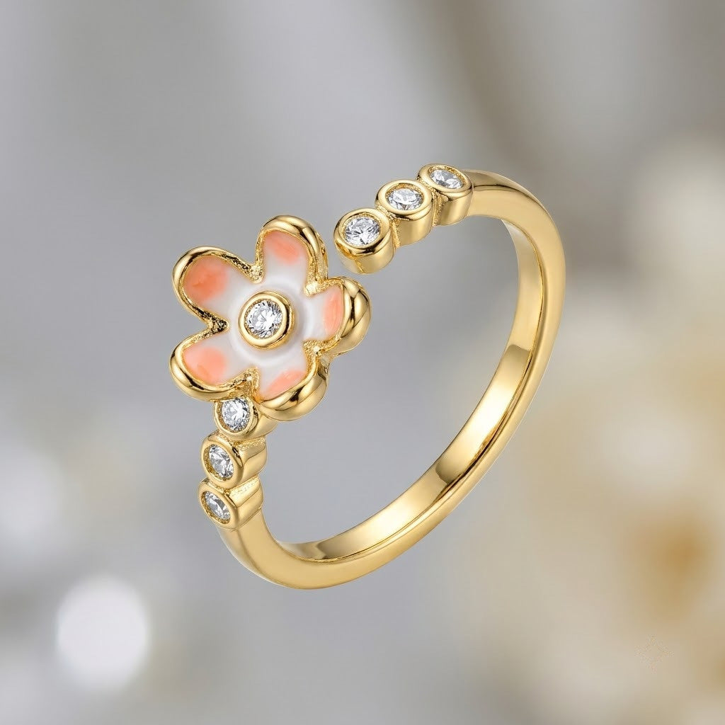 Dainty White Blossom Wildflower Open Adjustable Ring - View 4