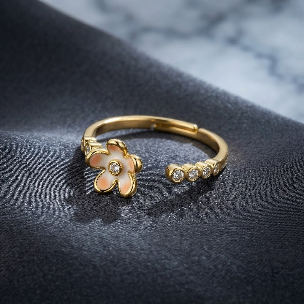 Dainty White Blossom Wildflower Open Adjustable Ring - View 1