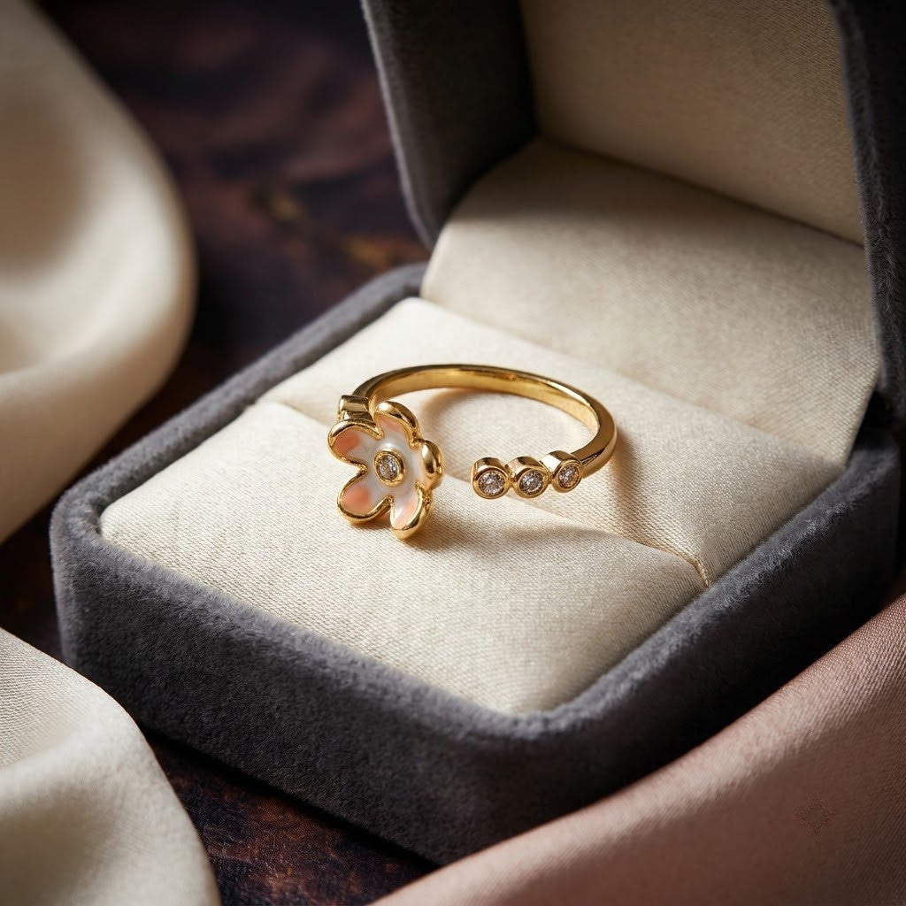 Dainty White Blossom Wildflower Open Adjustable Ring - View 2
