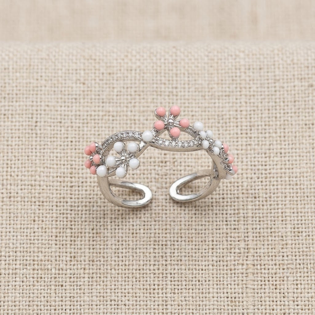 Silver Sakura Blossom Pink Crystal Vine Adjustable Ring - View 8