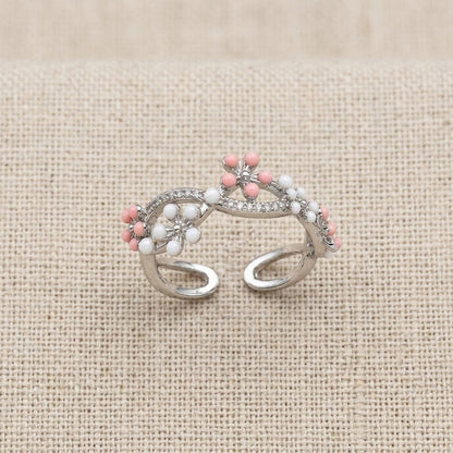 Silver Sakura Blossom Pink Crystal Vine Adjustable Ring - View 8