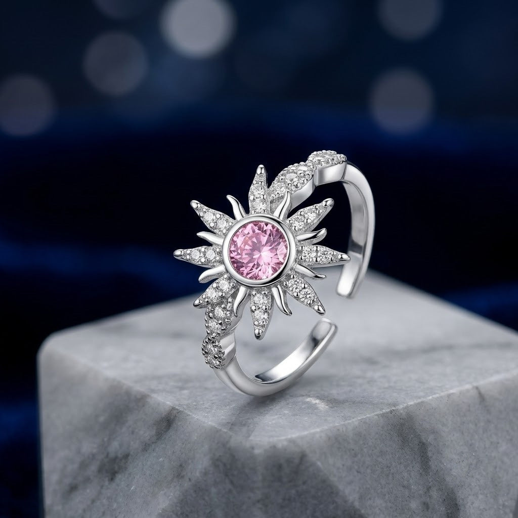 Silver Winter Snowflake Pavé Crystal Solitaire Adjustable Ring - View 4