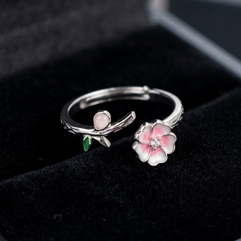 Silver Kawaii Cat Paw & Pink Sakura Blossom Adjustable Ring - View 1