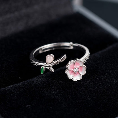 Silver Kawaii Cat Paw & Pink Sakura Blossom Adjustable Ring - View 1