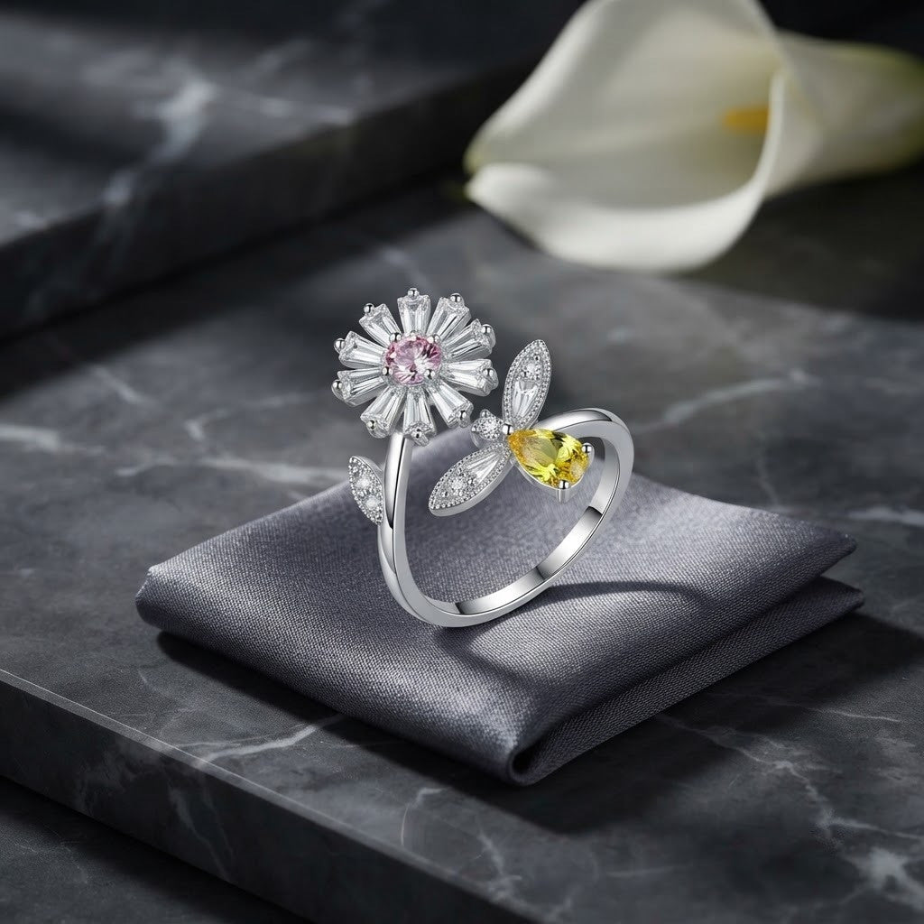 Silver Sunburst Blossom Teardrop Citrine Statement Adjustable Ring - View 1