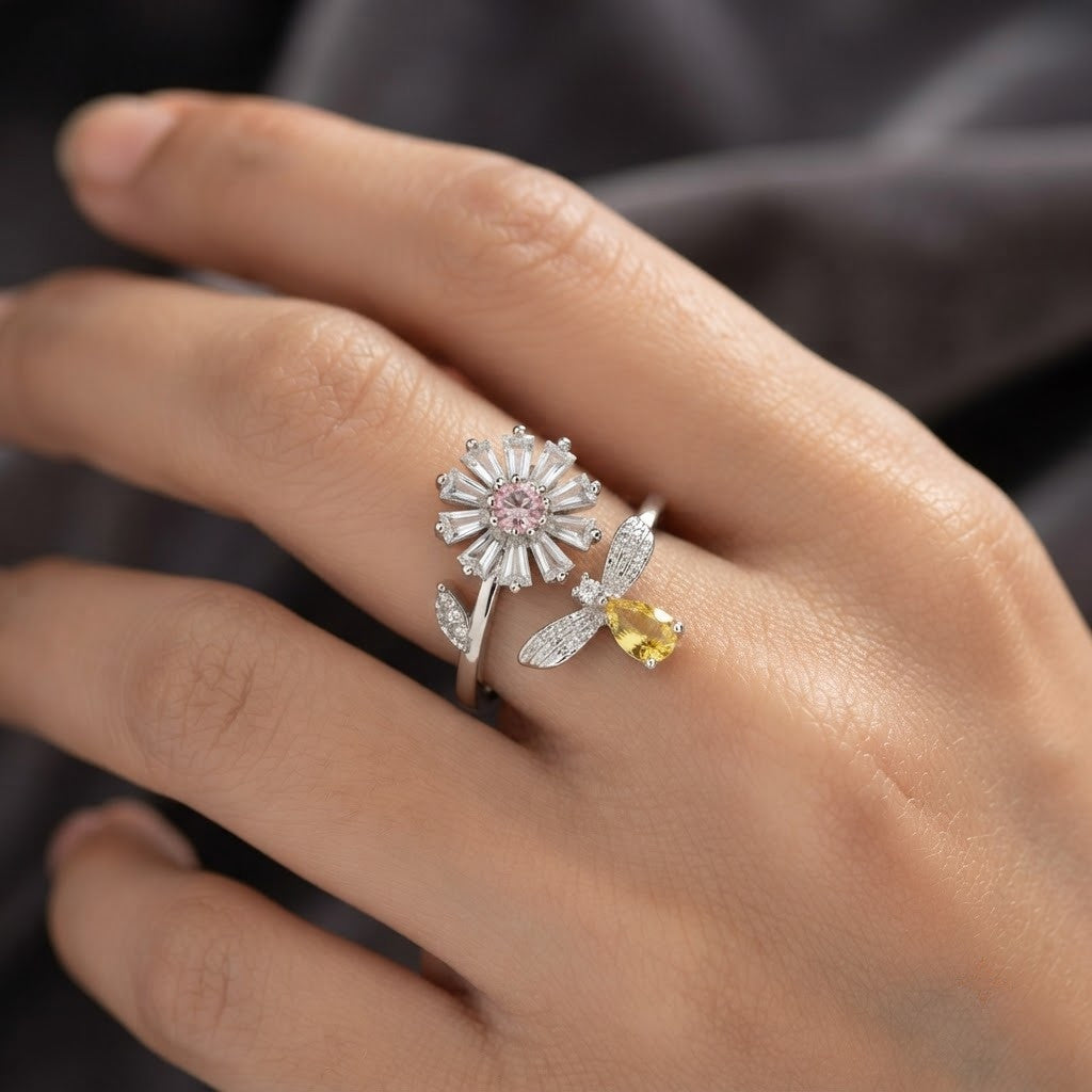 Silver Sunburst Blossom Teardrop Citrine Statement Adjustable Ring - View 5
