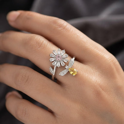 Silver Sunburst Blossom Teardrop Citrine Statement Adjustable Ring - View 5