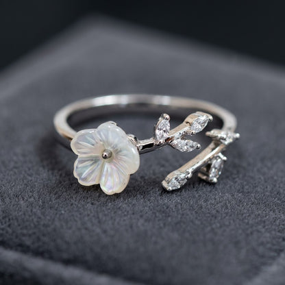 Silver Magnolia MOP Blossom Dainty Bypass Adjustable Ring - View 4