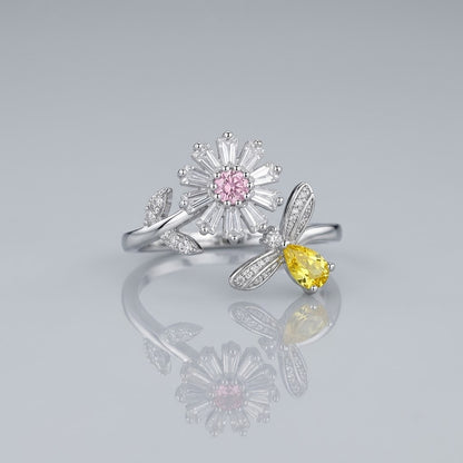 Silver Sunburst Blossom Teardrop Citrine Statement Adjustable Ring - View 7