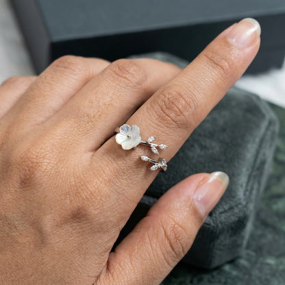 Silver Magnolia MOP Blossom Dainty Bypass Adjustable Ring - View 5