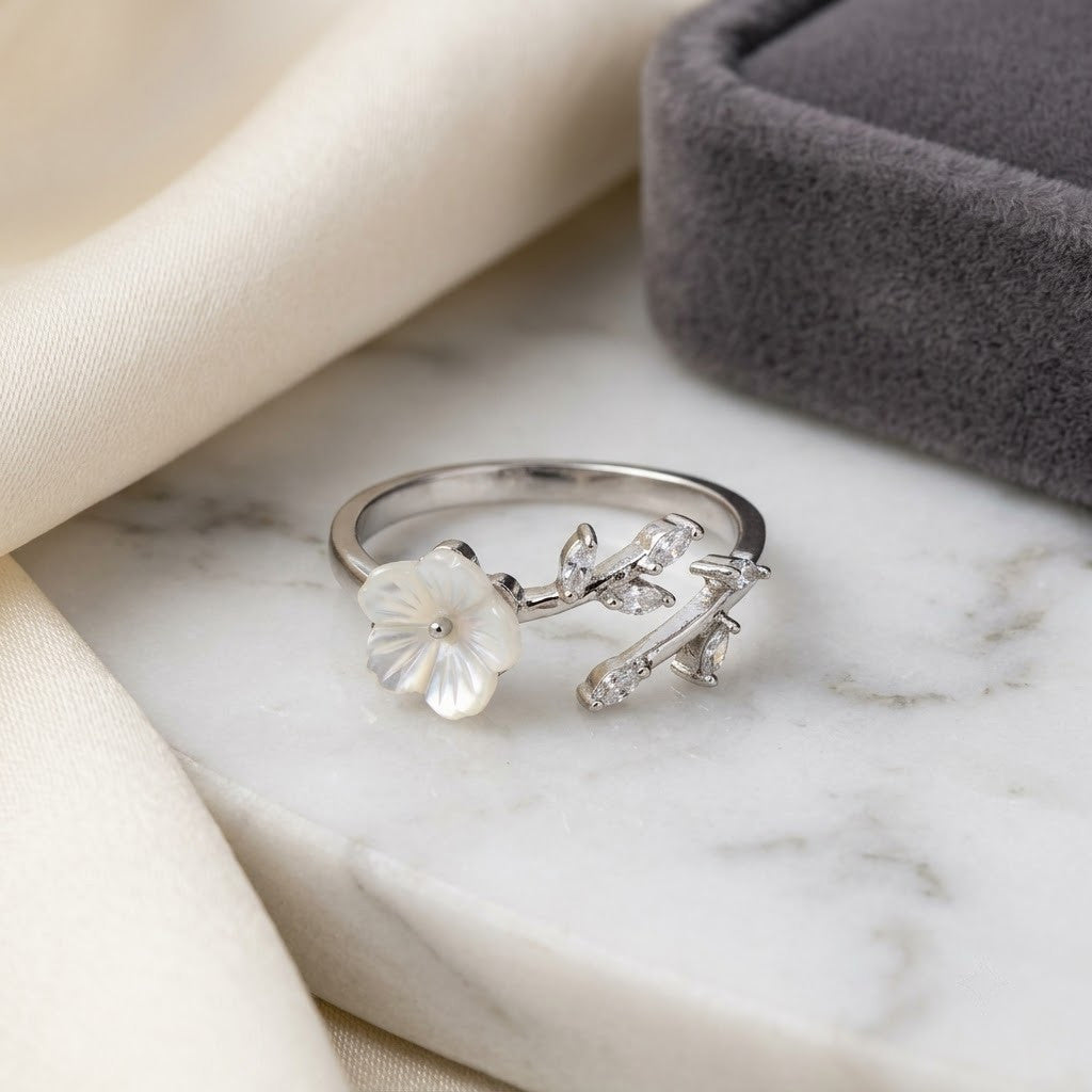 Silver Magnolia MOP Blossom Dainty Bypass Adjustable Ring - View 1