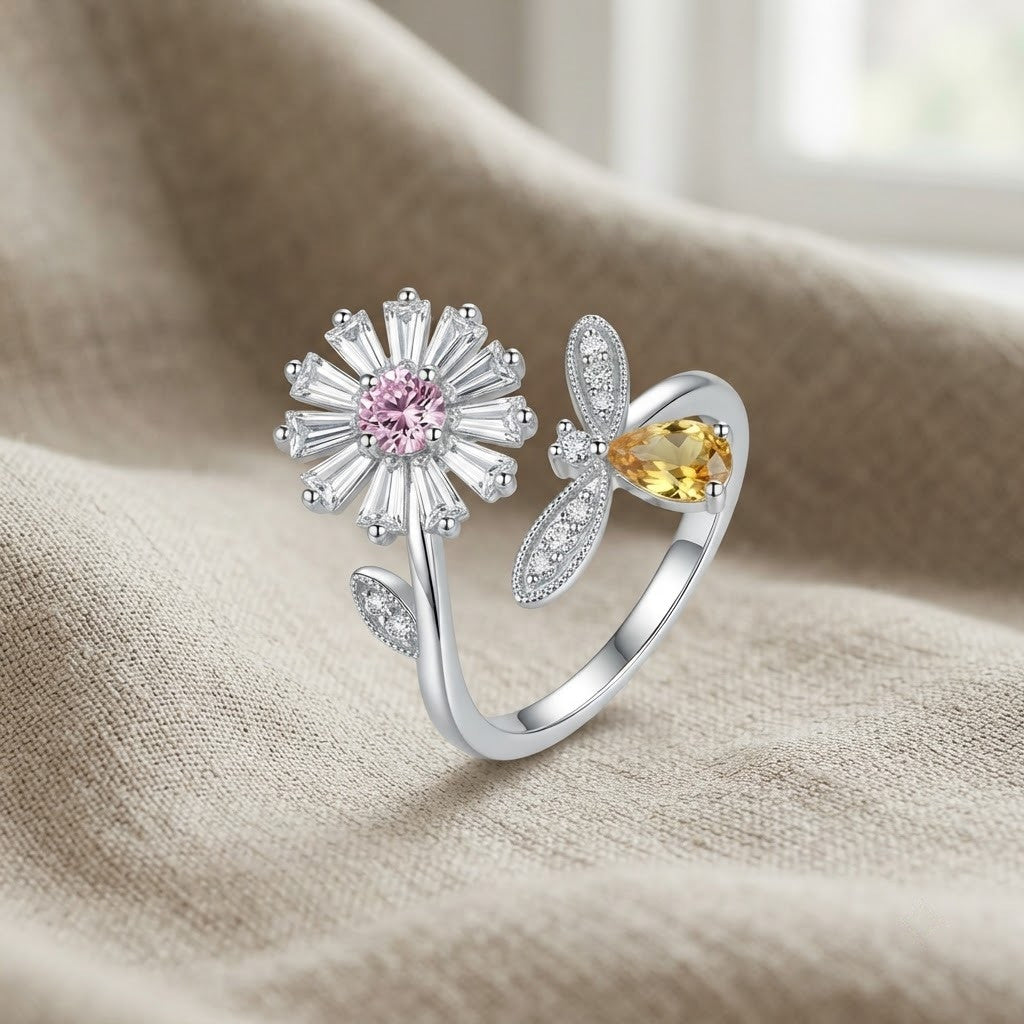 Silver Sunburst Blossom Teardrop Citrine Statement Adjustable Ring - View 3