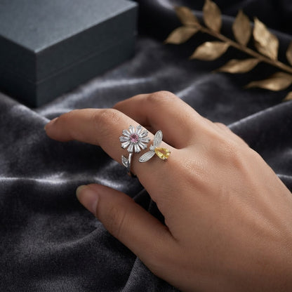 Silver Sunburst Blossom Teardrop Citrine Statement Adjustable Ring - View 2