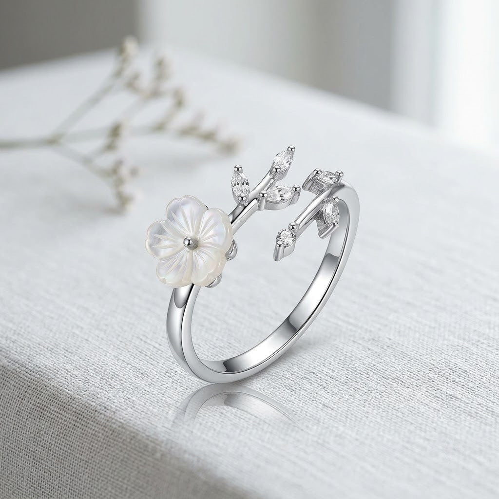 Silver Magnolia MOP Blossom Dainty Bypass Adjustable Ring - View 3