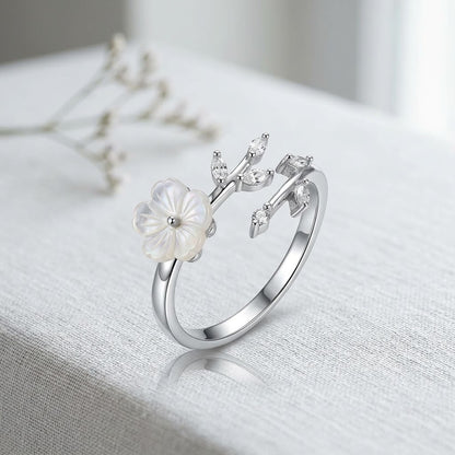 Silver Magnolia MOP Blossom Dainty Bypass Adjustable Ring - View 3