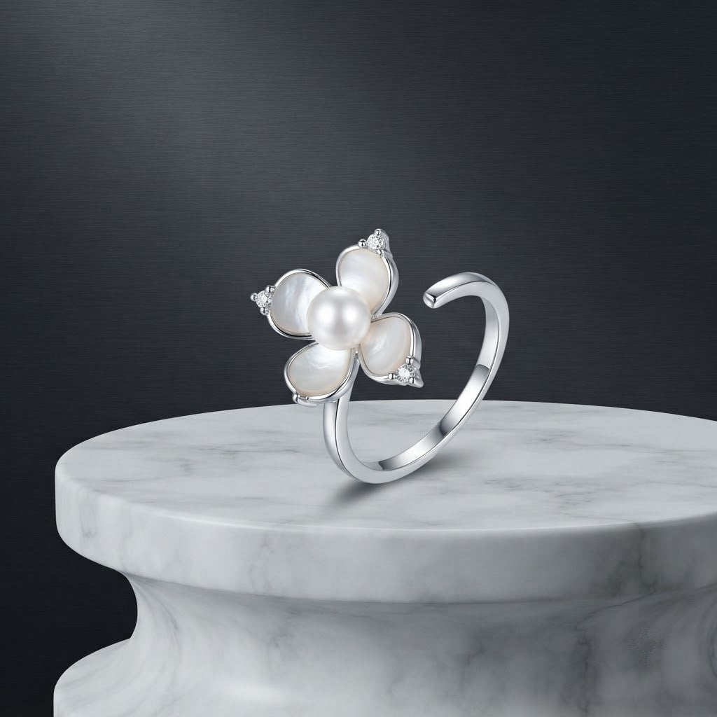 Silver Artisanal White Rose Enamel Solitaire Adjustable Ring - View 2