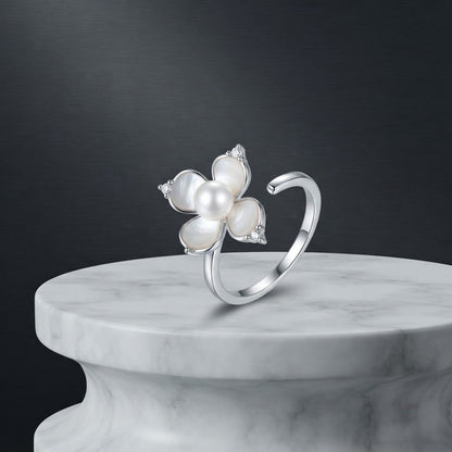 Silver Artisanal White Rose Enamel Solitaire Adjustable Ring - View 2